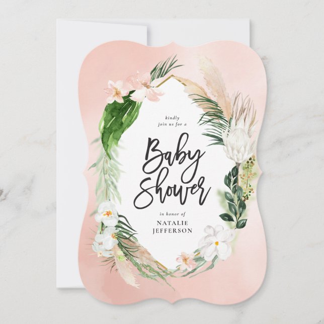 Tropical gold geometric floral foliage pink girly save the date (Front)