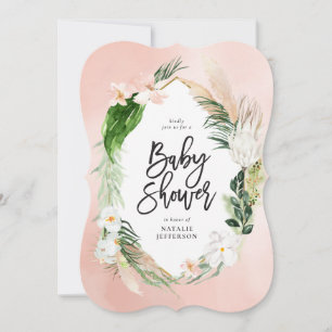 Tropical gold geometric floral foliage pink girly save the date