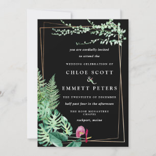 Tropical Gold Geometric Frame Black White Wedding Invitation
