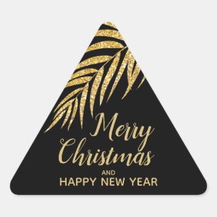 Tropical Gold Glitter Palm Christmas Thank You Triangle Sticker