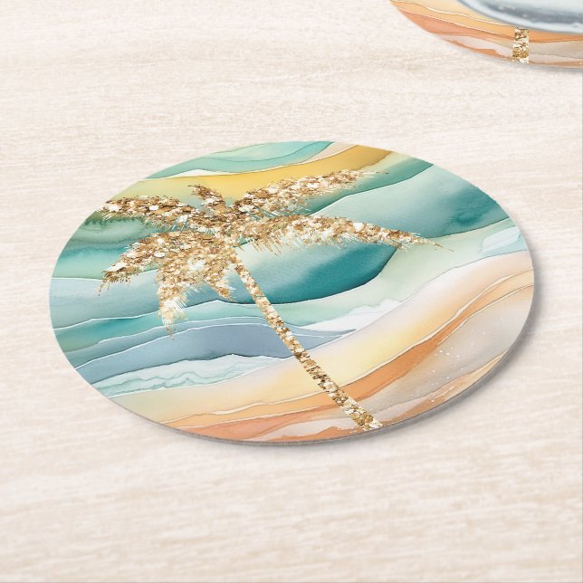 Tropical Gold Glitter Palm Tree Beach Round Paper Coaster (Angled)