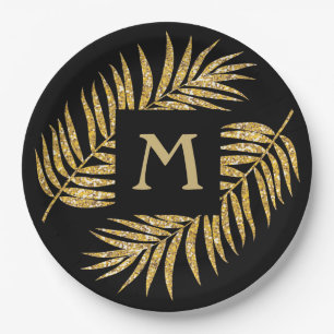 Tropical Gold Glitter Palm Tree Fronds on Black Paper Plate