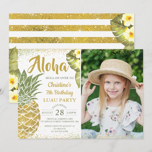 Tropical Gold Glitter Pineapple Birthday Photo Invitation (Front/Back)