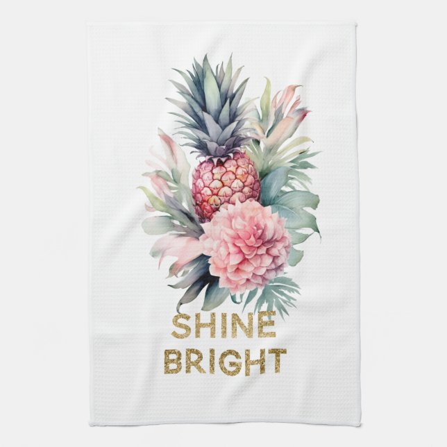 Tropical Gold Glitter Shine Pineapple Tea Towel (Vertical)