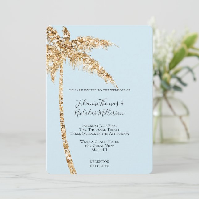 Tropical Gold Glitzy Glitter Palm Tree Wedding Invitation (Standing Front)