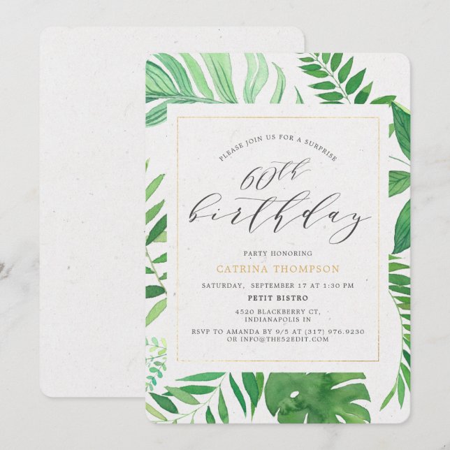 Tropical Gold Green 60th Surprise Birthday Party Invitation (Front/Back)