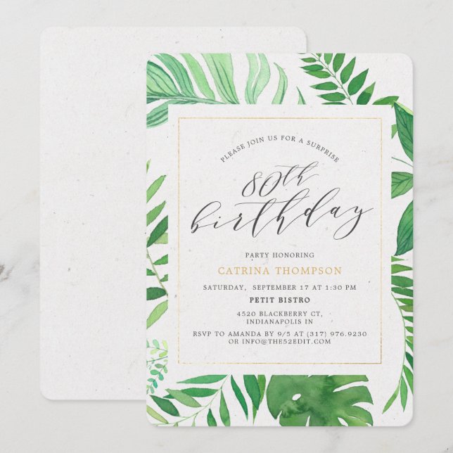 Tropical Gold Green 80th Surprise Birthday Party Invitation (Front/Back)