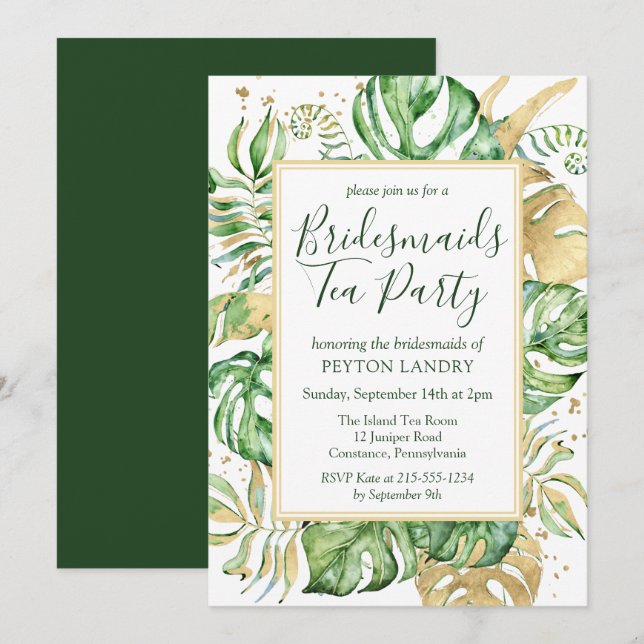 Tropical Gold & Green Bridesmaids Tea Party Invitation (Front/Back)