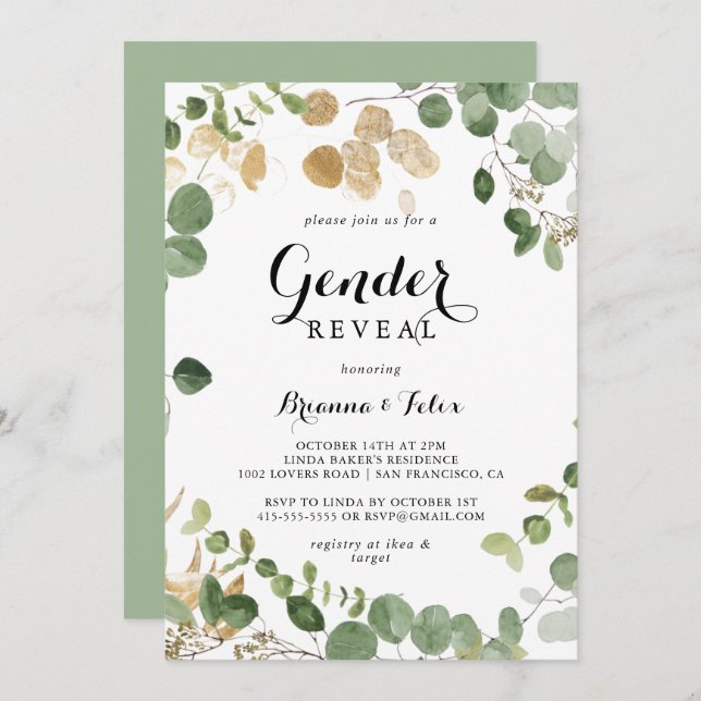 Tropical Gold Green Foliage Gender Reveal Party  Invitation (Front/Back)