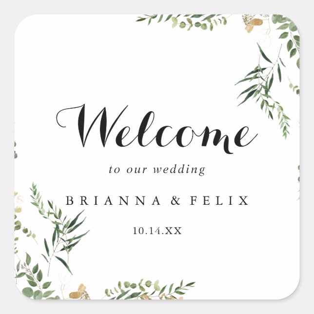 Tropical Gold Green Foliage Wedding Welcome  Square Sticker (Front)