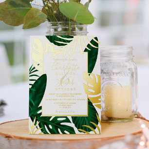 Tropical gold green leaf watercolor script wedding