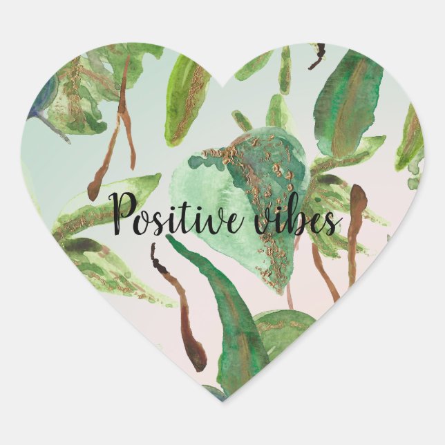 Tropical Gold Green Leaves Heart Sticker (Front)