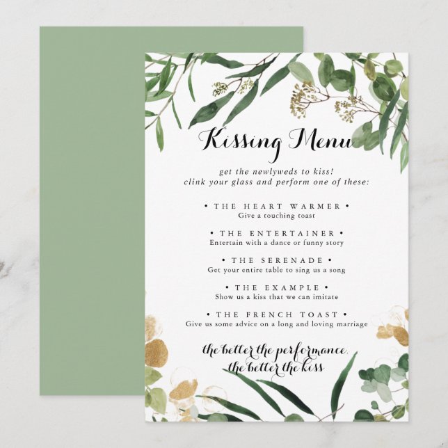 Tropical Gold Green Wedding Kissing Menu Game Card (Front/Back)