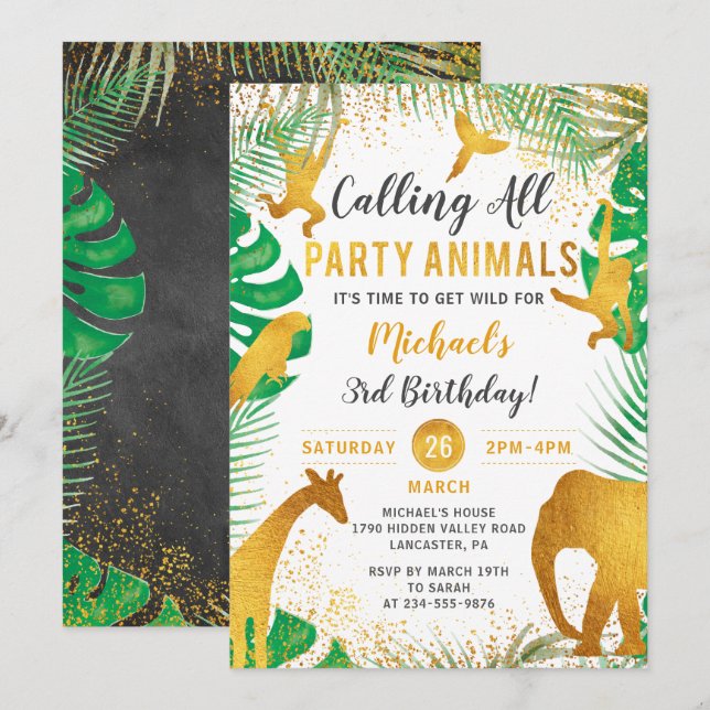 Tropical Gold Jungle Animals Kids Birthday Invitation (Front/Back)