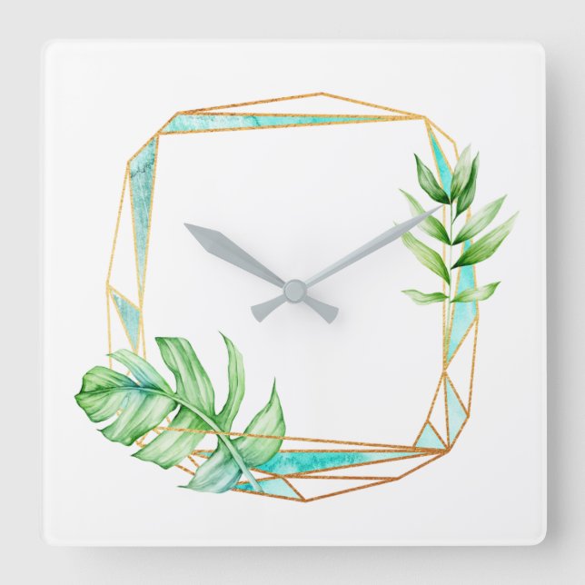 Tropical Gold Leaf Poligonal Mint white Grey Square Wall Clock (Front)