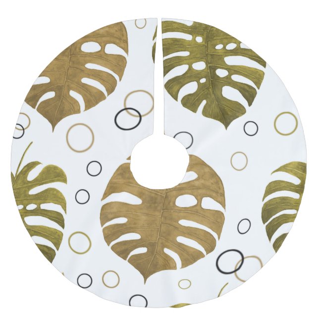 Tropical Gold: Monstera Leaf Watercolor Brushed Polyester Tree Skirt (Front)