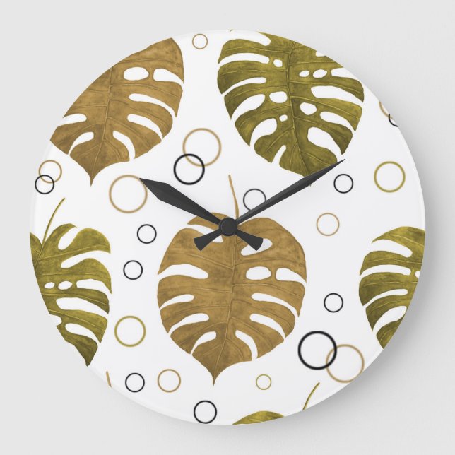 Tropical Gold: Monstera Leaf Watercolor Large Clock (Front)