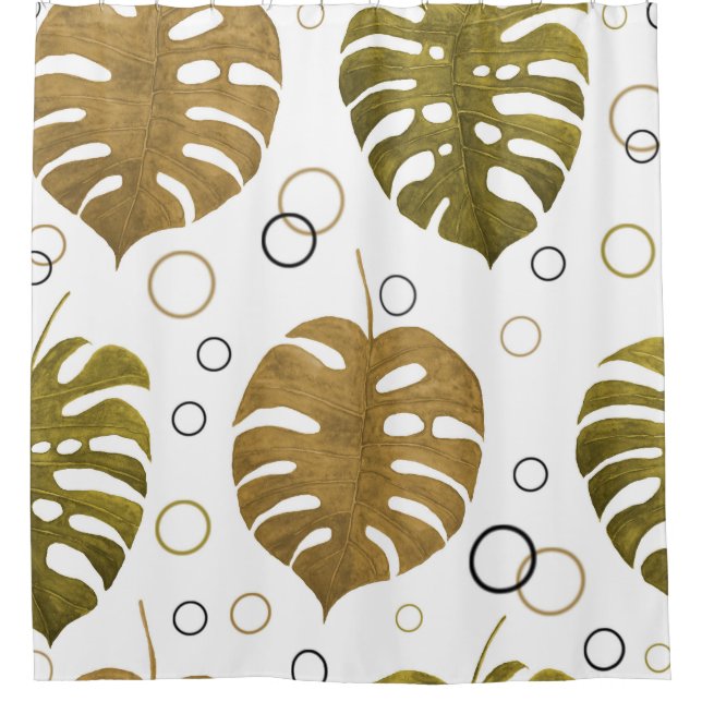 Tropical Gold: Monstera Leaf Watercolor Shower Curtain (Front)