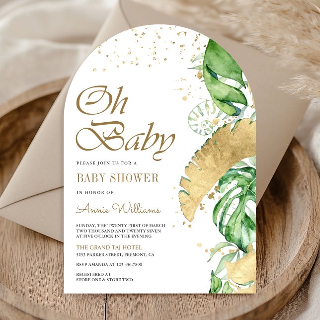 Tropical Gold Monstera Palm Arch Baby Shower Invitation (Creator Uploaded)