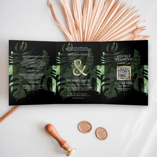 Tropical Gold Monstera Palm Black QR Code Wedding Tri-Fold Invitation (Creator Uploaded)