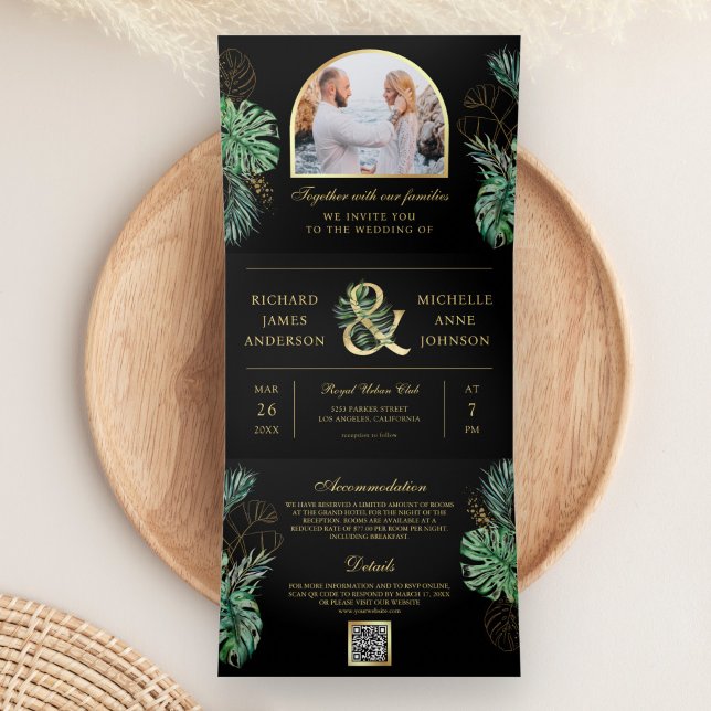 Tropical Gold Monstera Palm Black QR Code Wedding Tri-Fold Invitation (Creator Uploaded)