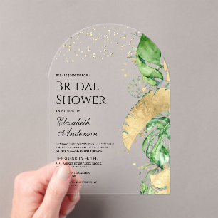 Tropical Gold Monstera Palm Bridal Shower Acrylic Invitations