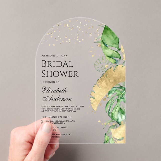 Tropical Gold Monstera Palm Bridal Shower Acrylic Invitations (Insitu (Handheld))