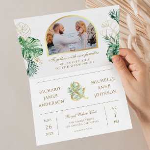Tropical Gold Monstera Palm Photo QR Code Wedding Invitation