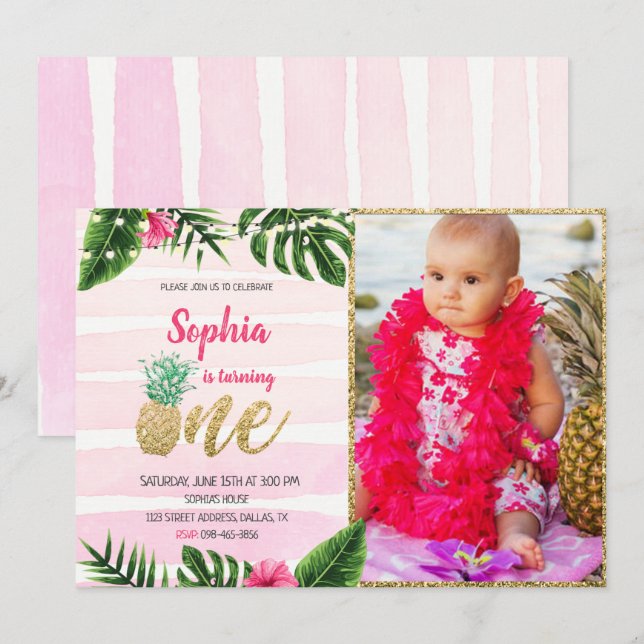 Tropical Gold One Birthday Invitation With Photo (Front/Back)