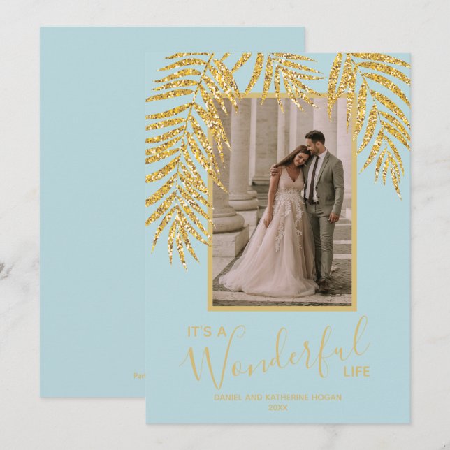 Tropical Gold Palm Blue Christmas Photo Holiday Card (Front/Back)