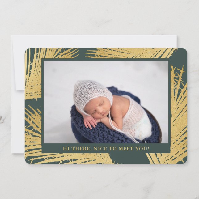 Tropical Gold Palm Dark Green Neutral Birth Announcement (Front)