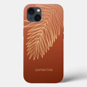 Tropical Gold Palm Leaf, Your Name, Copper Brown iPhone 13 Case