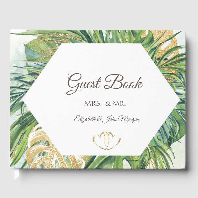 Tropical Gold Palm Leaves Summer Guest Book (Front)