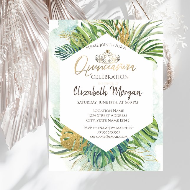 Tropical Gold Palm Leaves Summer Quinceañera Invitation (Creator Uploaded)