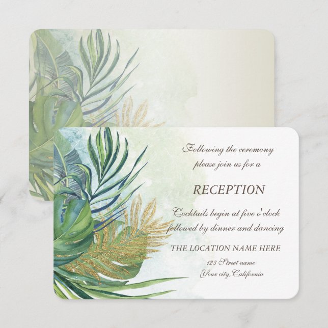 Tropical Gold Palm Leaves Summer Reception Invitation (Front/Back)