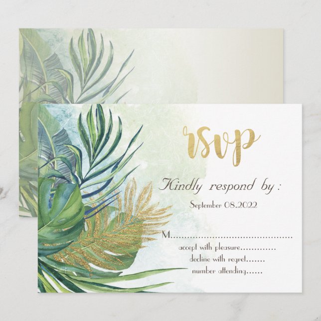 Tropical Gold Palm Leaves Summer  RSVP   Invitation (Front/Back)
