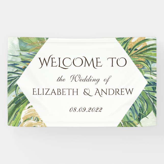 Tropical Gold Palm Leaves Summer Wedding Banner (Horizontal)