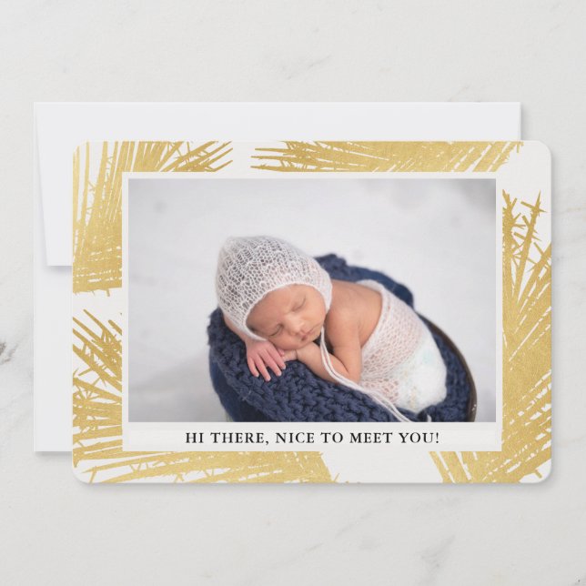 Tropical Gold Palm Neutral Birth Announcement Card (Front)