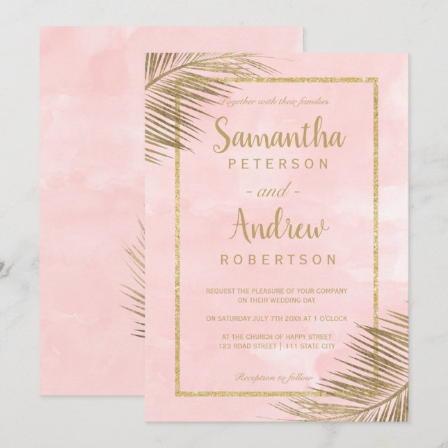 Tropical gold palm tree beach blush pink wedding invitation (Front/Back)