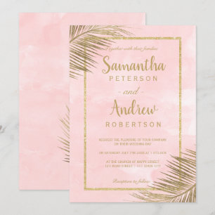 Tropical gold palm tree beach blush pink wedding invitation