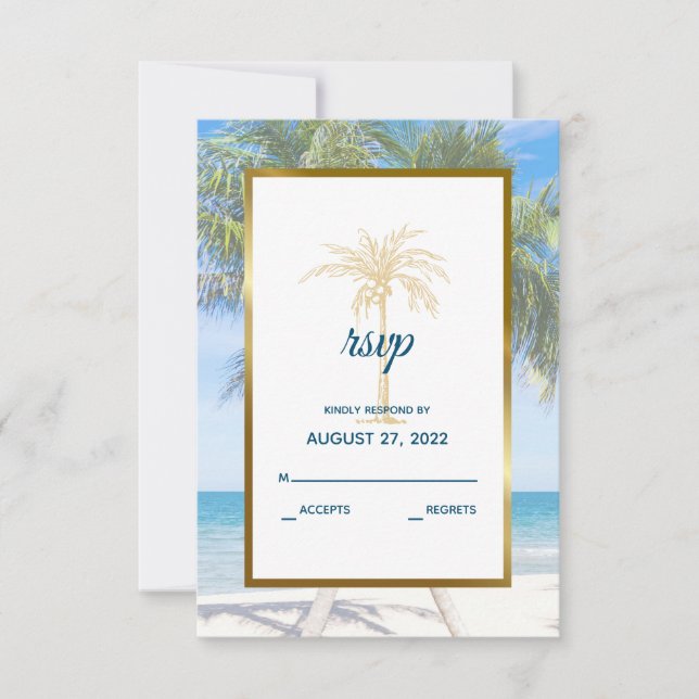 Tropical Gold Palm Tree Beach Photo Wedding RSVP Card (Front)