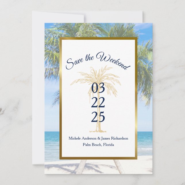 Tropical Gold Palm Tree Beach Photo Wedding Save The Date (Front)