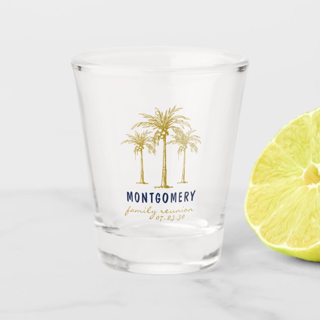 Tropical Gold Palm Trees Custom Family Reunion Shot Glass (Front)