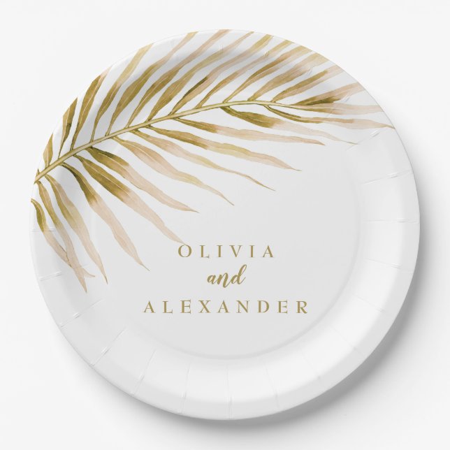 Tropical Gold Palm wedding Paper Plate (Front)