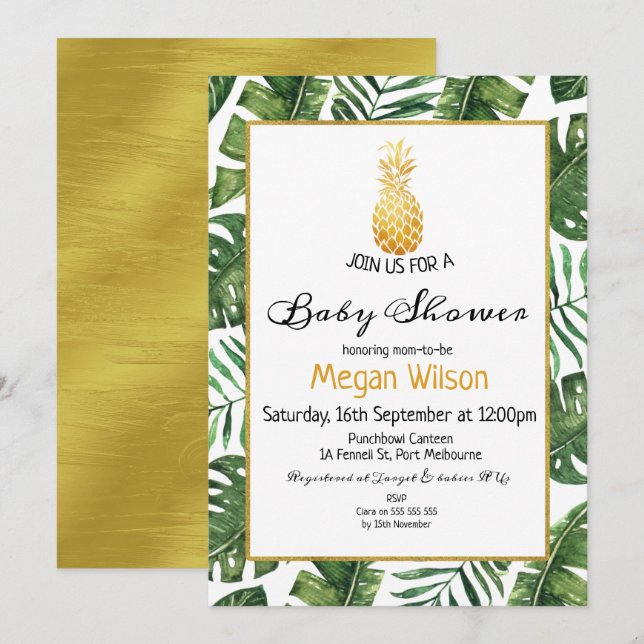 Tropical Gold Pineapple Baby Shower Invitation (Front/Back)
