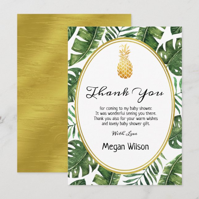 Tropical Gold Pineapple Baby Shower Thank You Card (Front/Back)
