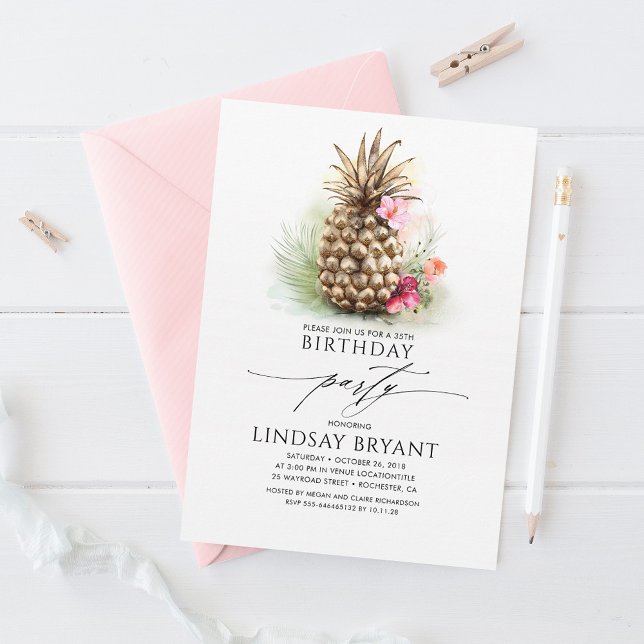 Tropical Gold Pineapple Beach Floral Birthday Invitation (Creator Uploaded)