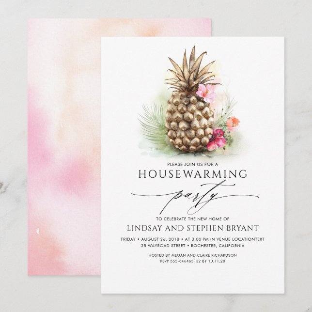 Tropical Gold Pineapple Beach Floral Housewarming Invitation (Front/Back)