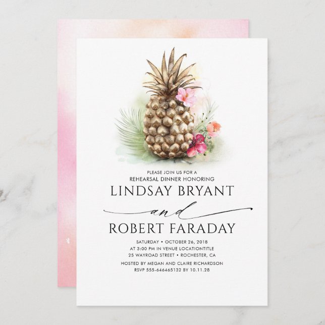 Tropical Gold Pineapple Beach Rehearsal Dinner Invitation (Front/Back)