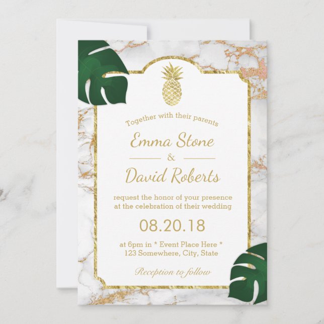 Tropical Gold Pineapple Modern Marble Wedding Invitation (Front)